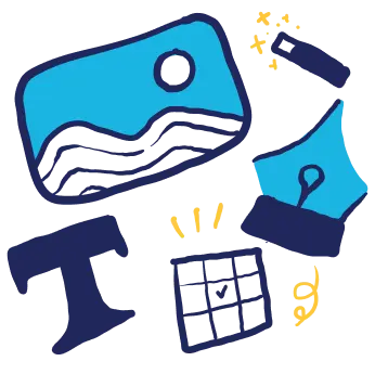 collaged icons for media, text, tables, and more
